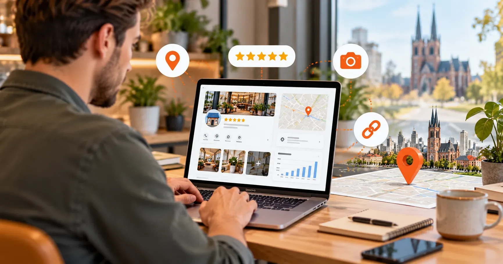 Google bedrijfsprofiel optimaliseren | Ondernemer optimaliseert zijn Google Bedrijfsprofiel op een laptop voor betere lokale vindbaarheid in Tilburg.
