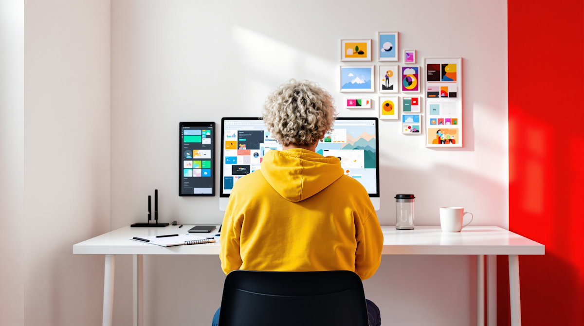 Werkplek voor digitale marketing met een websiteontwerp op het scherm
